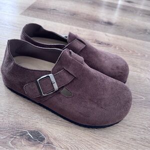 Brown Suede Buckle Mules